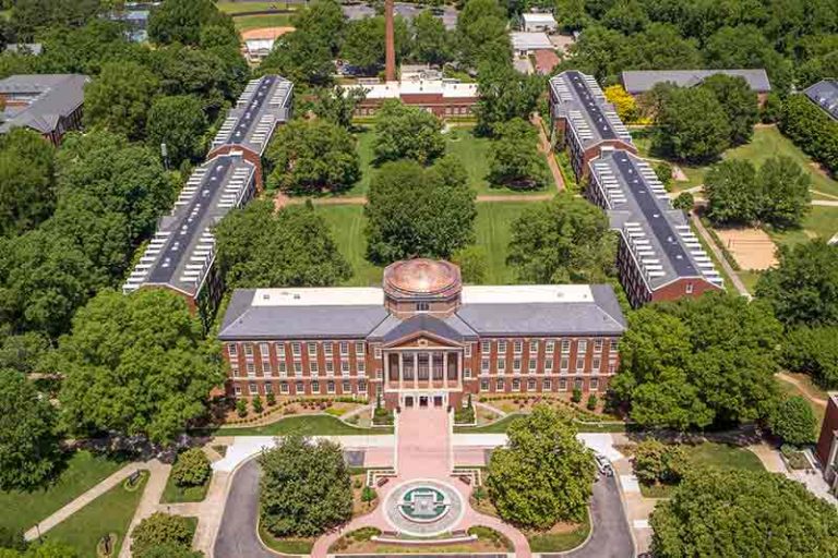 Arial View facing Johnson Hall with Vann, Stringfield, Faircloth, Brewer and Belk Dining Hall visible.