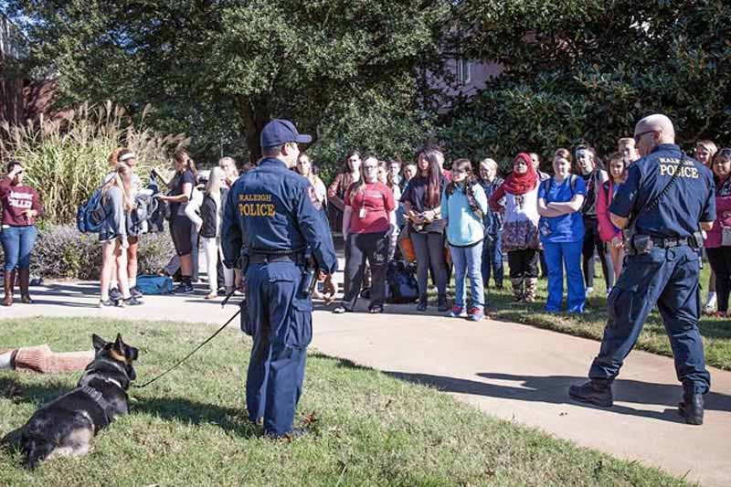 Students observing a police K9 demonstration.