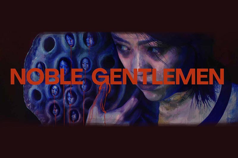 The Noble Gentleman header with artwork behind it of a person's face looking sad and tired and holes with disturbing faces in the back.